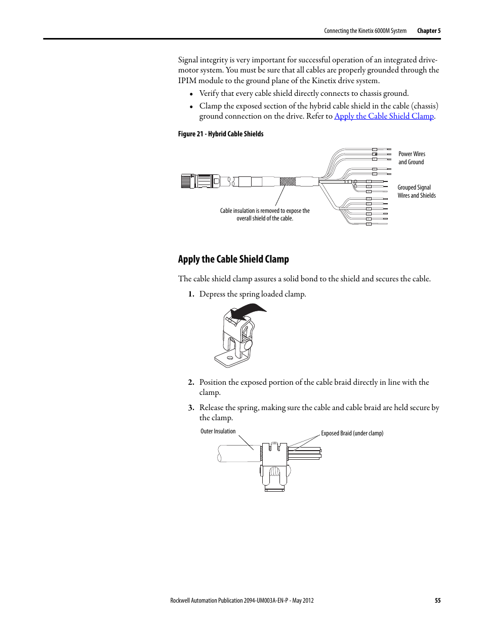 Apply the cable shield clamp, Figure 21 - hybrid cable shields | Rockwell Automation MDF-SB1304F Kinetix 6000M Integrated Drive-Motor System User Manual | Page 55 / 144