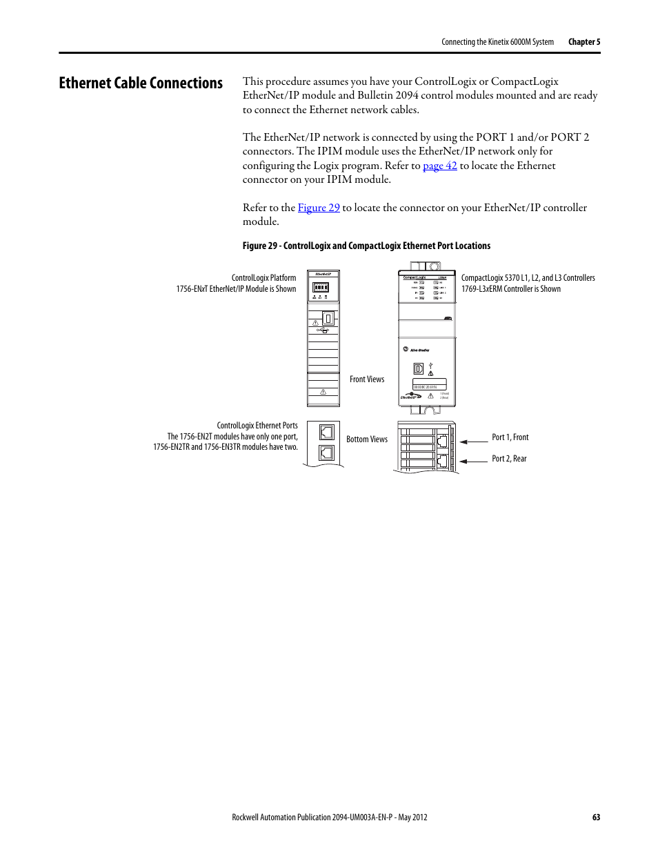 Ethernet cable connections | Rockwell Automation MDF-SB1304F Kinetix 6000M Integrated Drive-Motor System User Manual | Page 63 / 144
