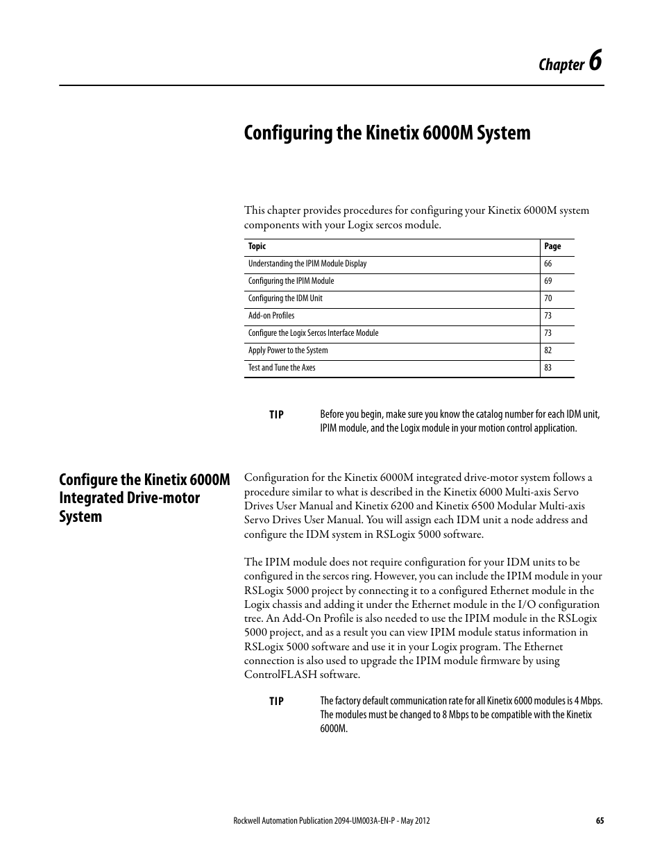 Chapter 6, Configuring the kinetix 6000m system, Chapter | Rockwell Automation MDF-SB1304F Kinetix 6000M Integrated Drive-Motor System User Manual | Page 65 / 144