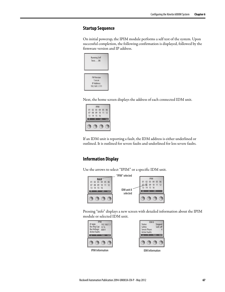 Startup sequence, Information display, Startup sequence information display | Rockwell Automation MDF-SB1304F Kinetix 6000M Integrated Drive-Motor System User Manual | Page 67 / 144