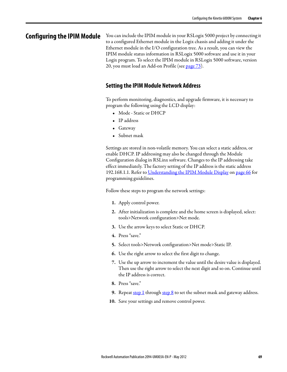Configuring the ipim module, Setting the ipim module network address | Rockwell Automation MDF-SB1304F Kinetix 6000M Integrated Drive-Motor System User Manual | Page 69 / 144