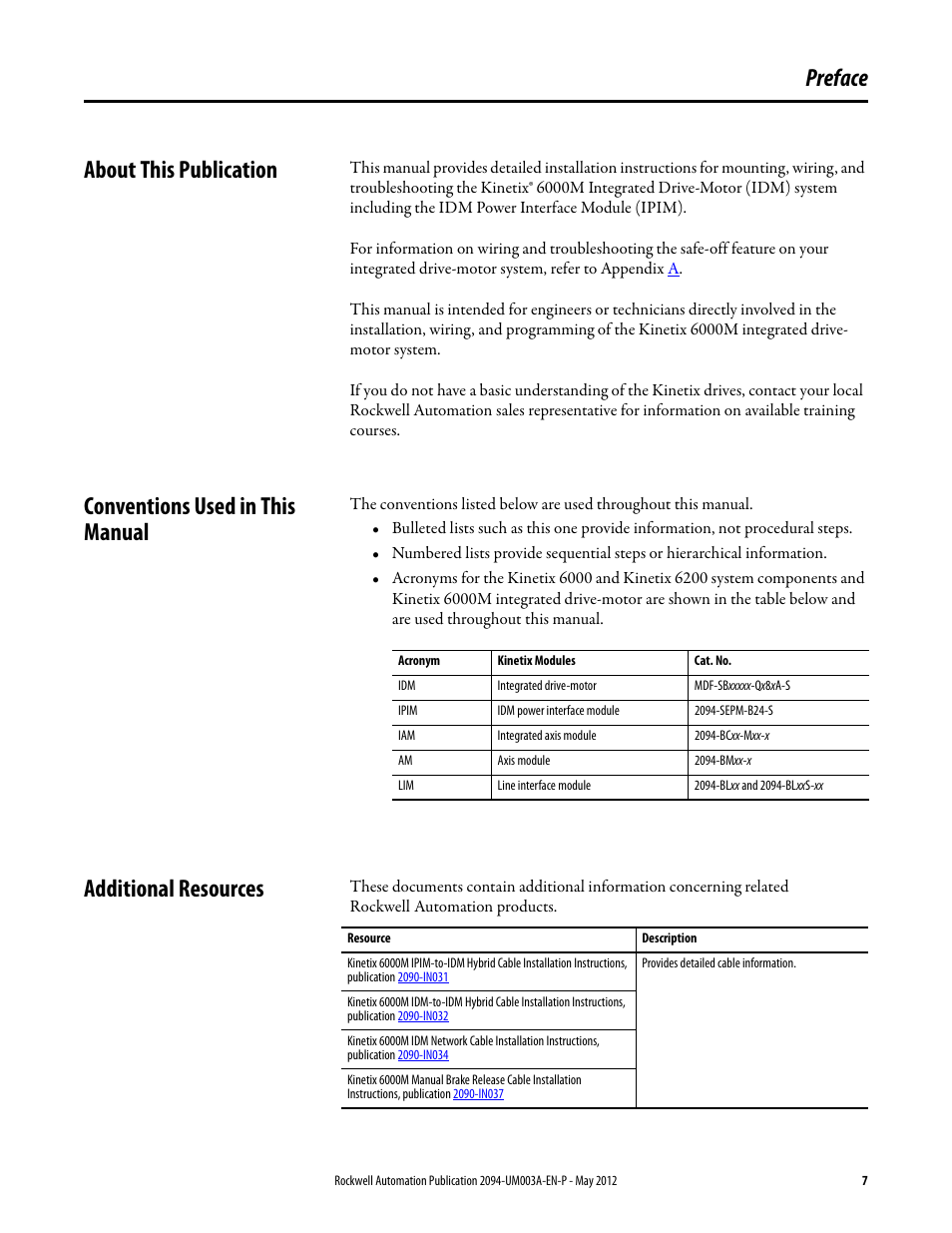 Preface, About this publication, Conventions used in this manual | Additional resources, Preface about this publication | Rockwell Automation MDF-SB1304F Kinetix 6000M Integrated Drive-Motor System User Manual | Page 7 / 144