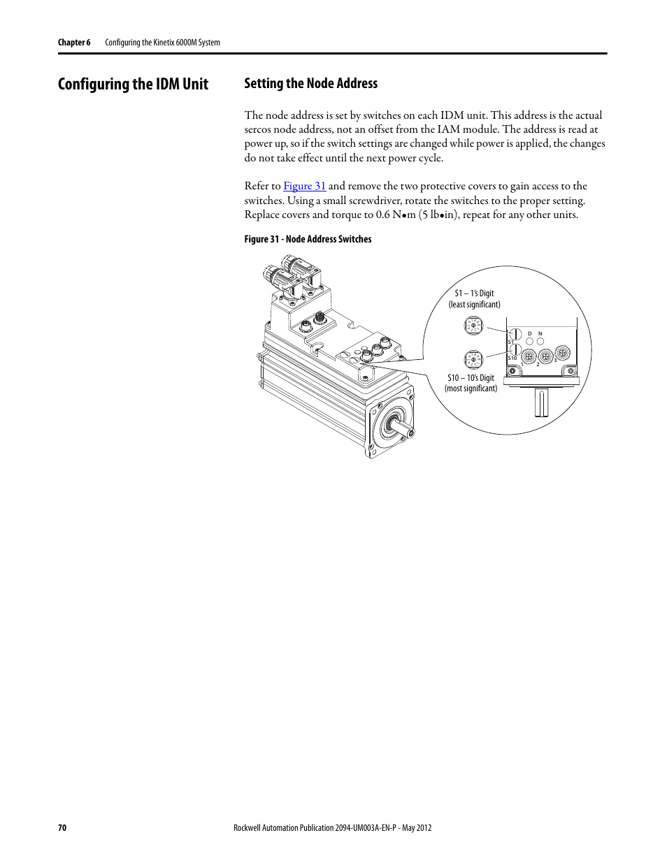 Configuring the idm unit, Setting the node address, Figure 31 - node address switches | Rockwell Automation MDF-SB1304F Kinetix 6000M Integrated Drive-Motor System User Manual | Page 70 / 144