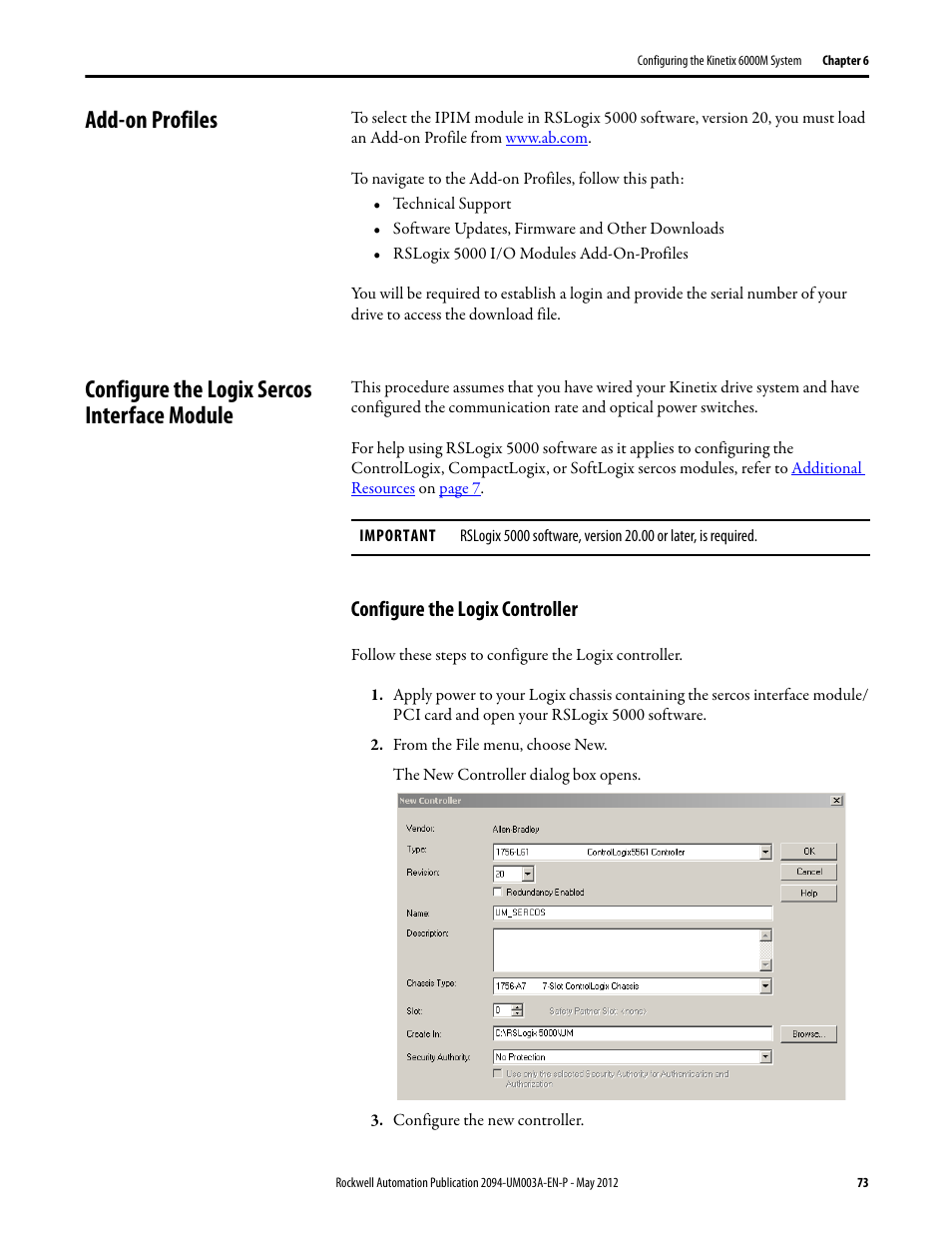 Add-on profiles, Configure the logix sercos interface module, Configure the logix controller | Rockwell Automation MDF-SB1304F Kinetix 6000M Integrated Drive-Motor System User Manual | Page 73 / 144
