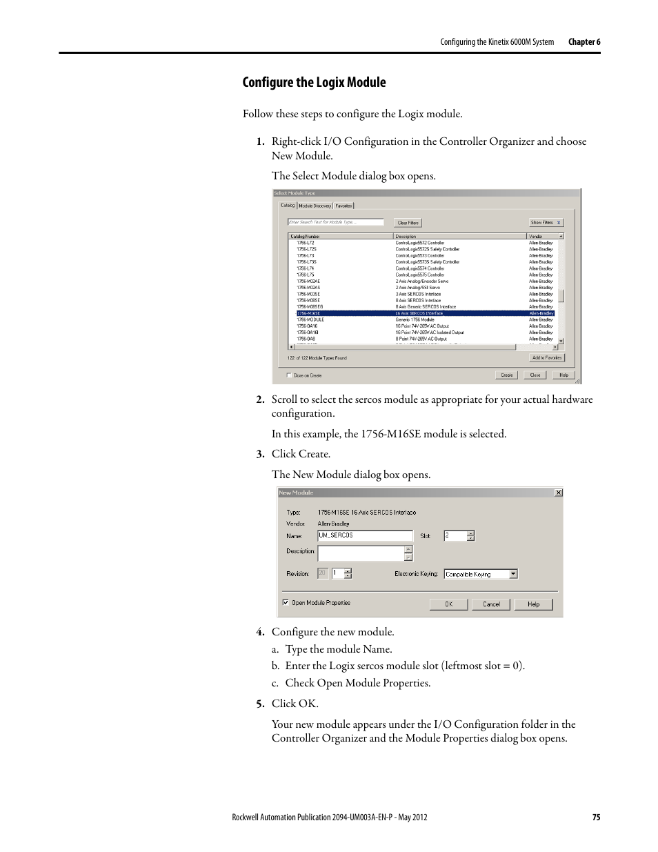 Configure the logix module | Rockwell Automation MDF-SB1304F Kinetix 6000M Integrated Drive-Motor System User Manual | Page 75 / 144