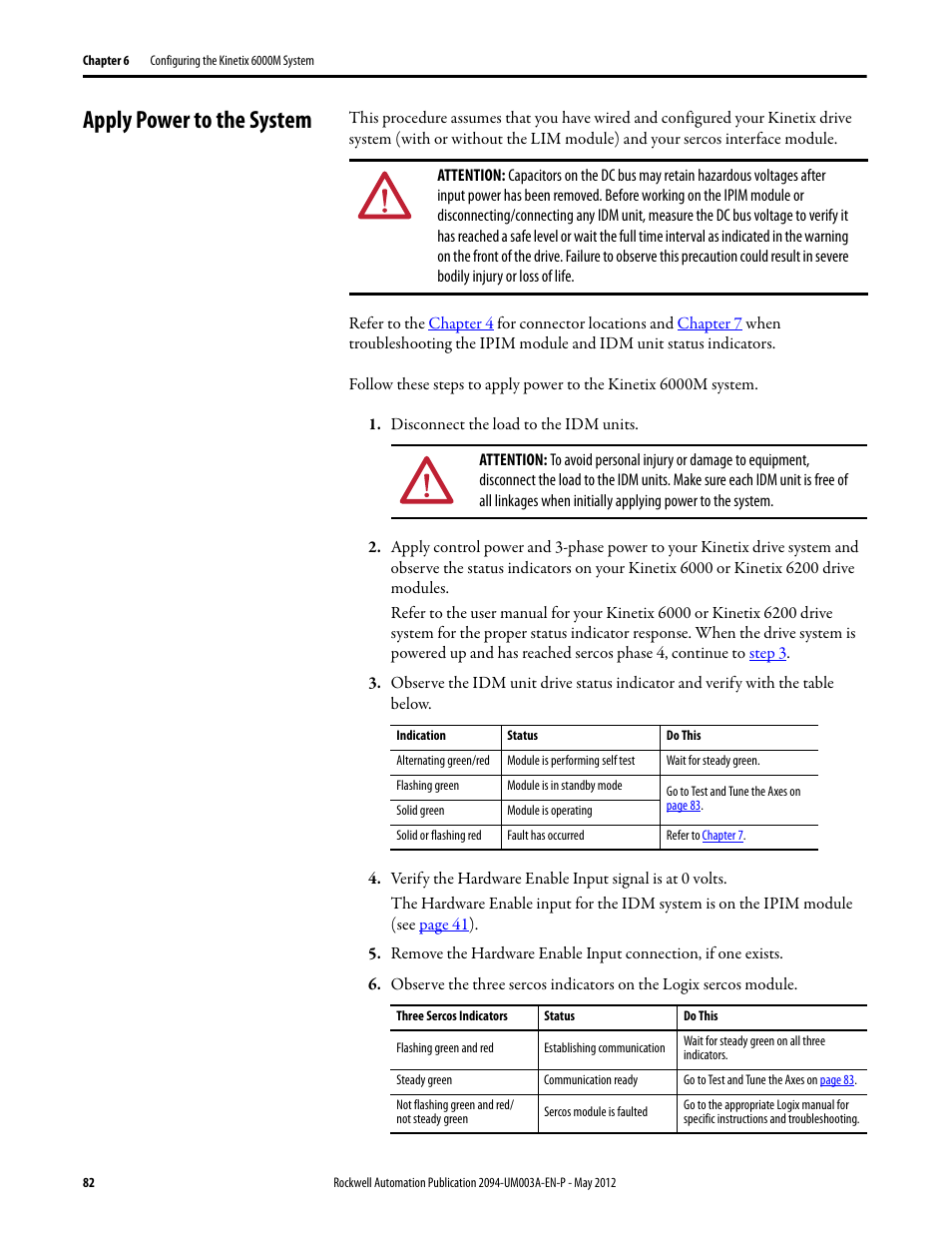 Apply power to the system | Rockwell Automation MDF-SB1304F Kinetix 6000M Integrated Drive-Motor System User Manual | Page 82 / 144