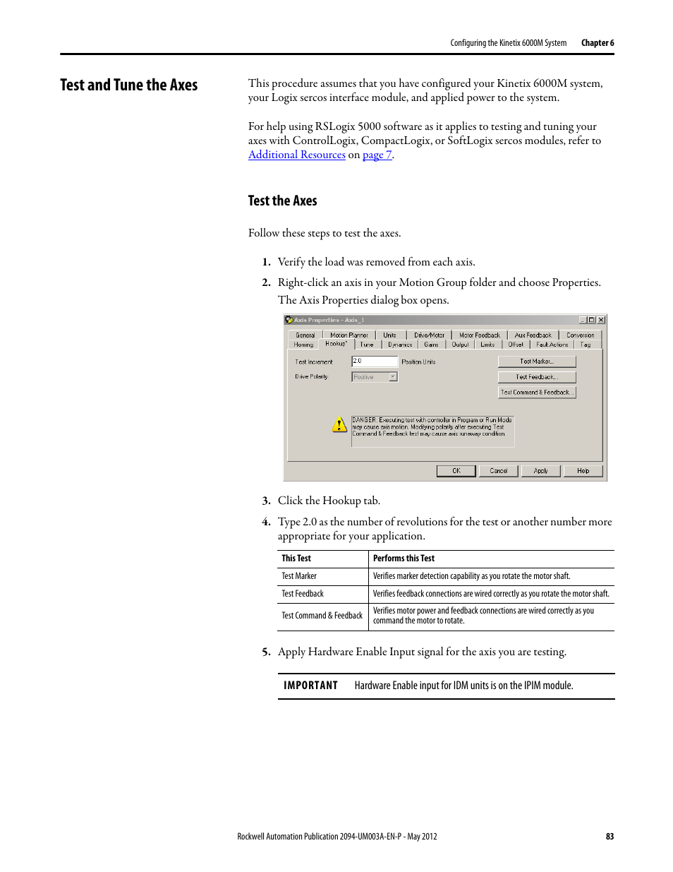 Test and tune the axes, Test the axes | Rockwell Automation MDF-SB1304F Kinetix 6000M Integrated Drive-Motor System User Manual | Page 83 / 144