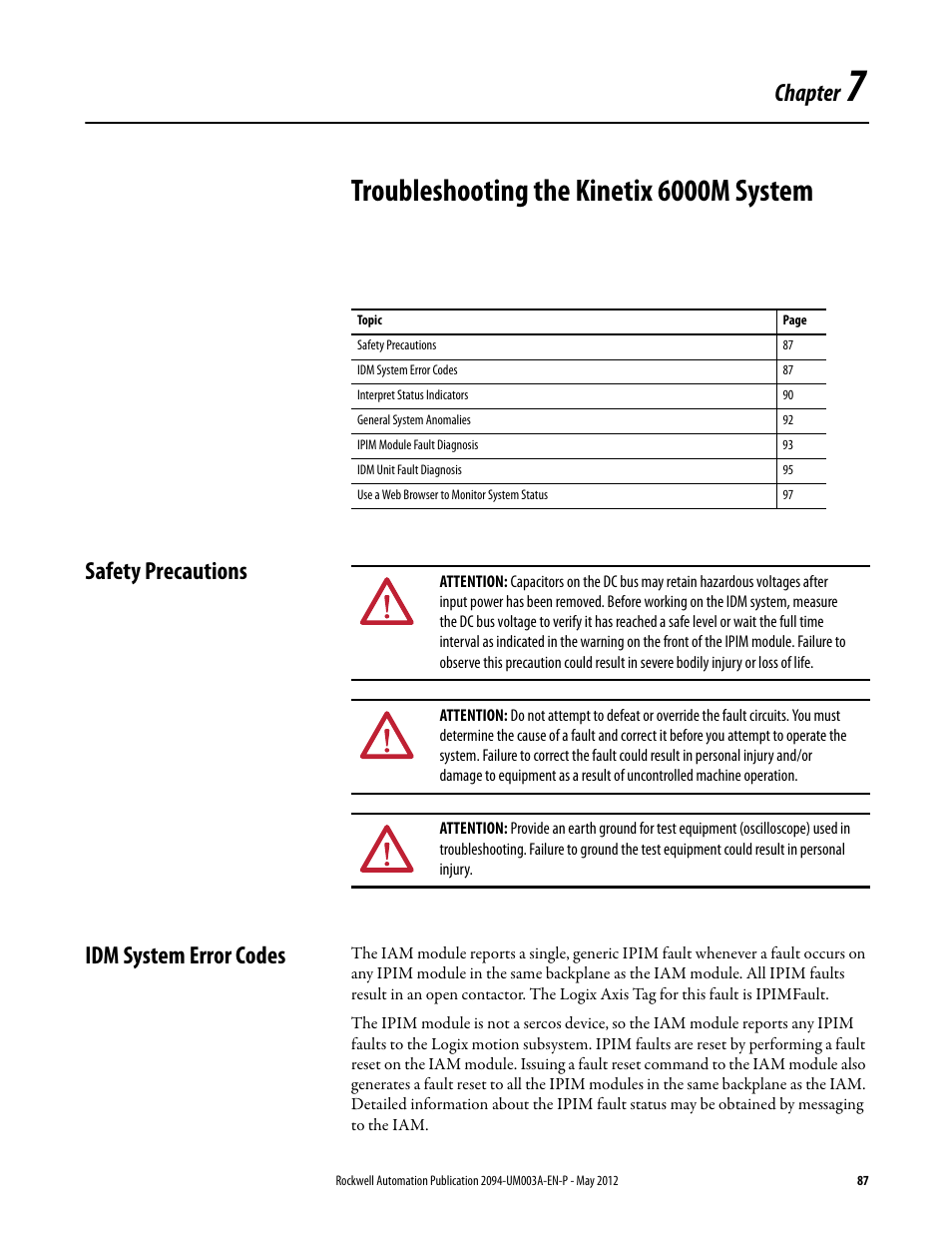 Chapter 7, Troubleshooting the kinetix 6000m system, Safety precautions | Idm system error codes, Safety precautions idm system error codes, Chapter | Rockwell Automation MDF-SB1304F Kinetix 6000M Integrated Drive-Motor System User Manual | Page 87 / 144