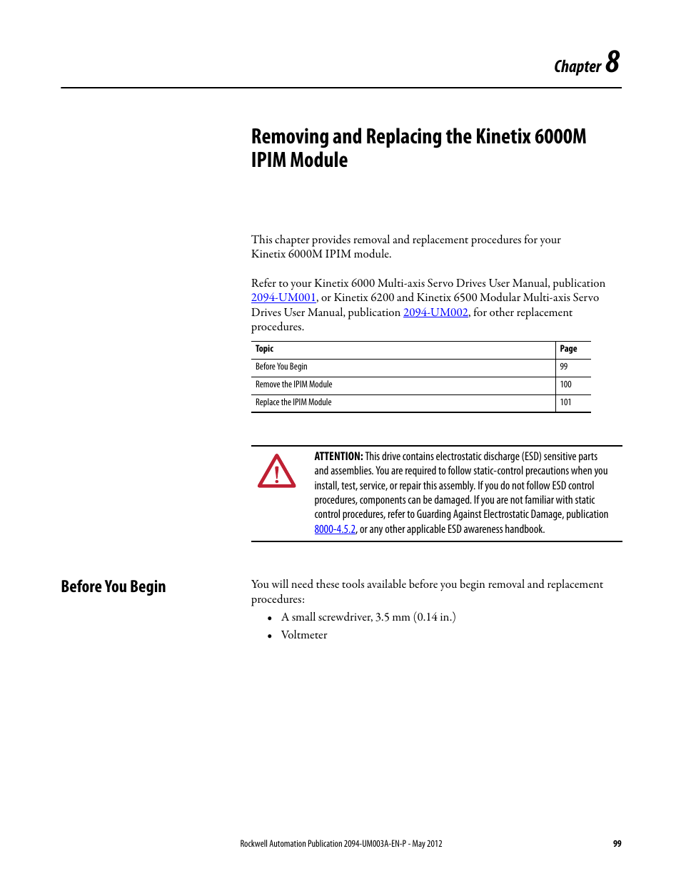 Chapter 8, Before you begin, Chapter | Rockwell Automation MDF-SB1304F Kinetix 6000M Integrated Drive-Motor System User Manual | Page 99 / 144