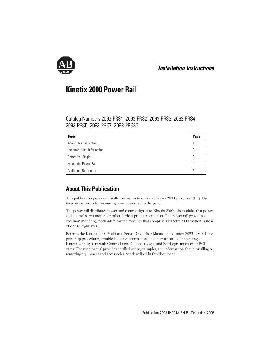 Rockwell Automation 2093-PRSxx Kinetix 2000 Power Rail Installation Instructions User Manual | 8 pages