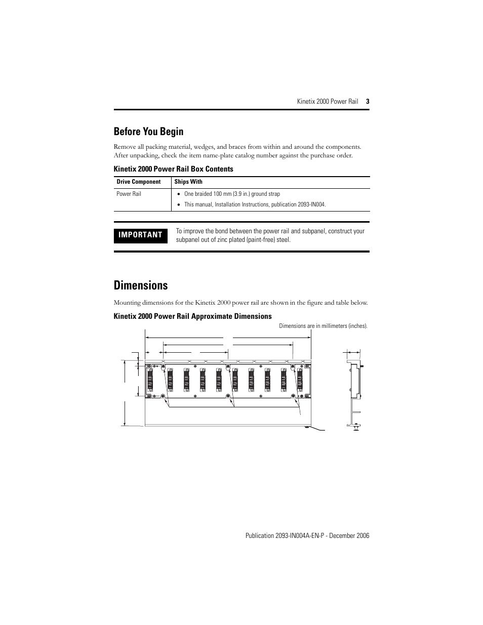 Before you begin, Dimensions | Rockwell Automation 2093-PRSxx Kinetix 2000 Power Rail Installation Instructions User Manual | Page 3 / 8