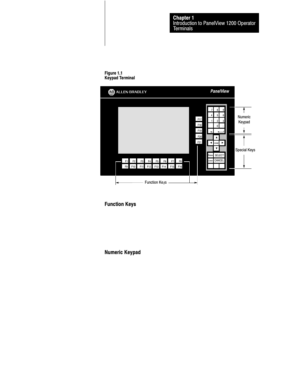Function keys, Numeric keypad, Figure 1.1 keypad terminal | Panelview, Numeric keypad function keys, Special keys | Rockwell Automation 2711-KA1_KC1_TA1_TA4_TC1_TC4 PanelView Terminals for DOS/Windows User Manual | Page 19 / 103