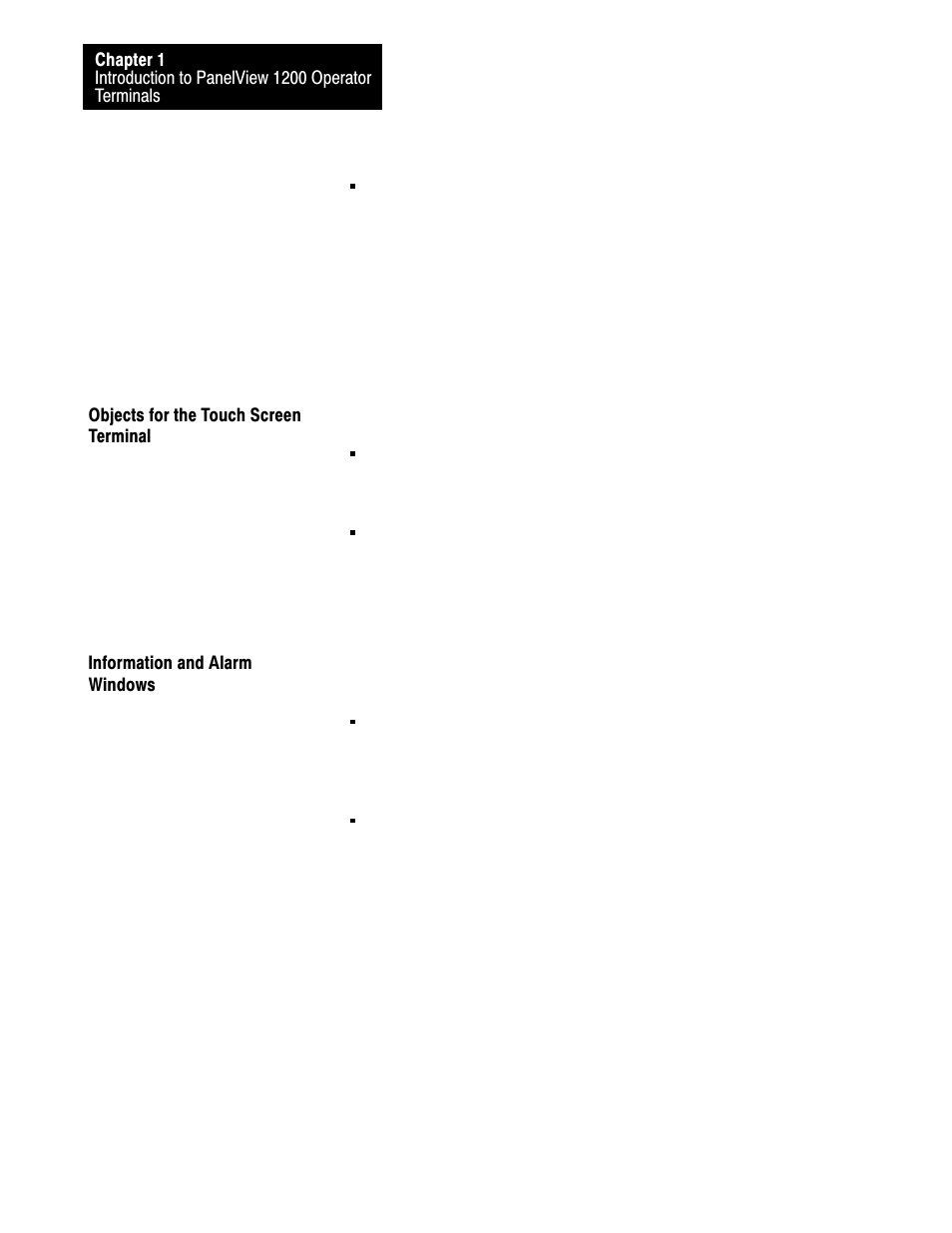 Objects for the touch screen terminal, Information and alarm windows, 1ć16 | Rockwell Automation 2711-KA1_KC1_TA1_TA4_TC1_TC4 PanelView Terminals for DOS/Windows User Manual | Page 26 / 103