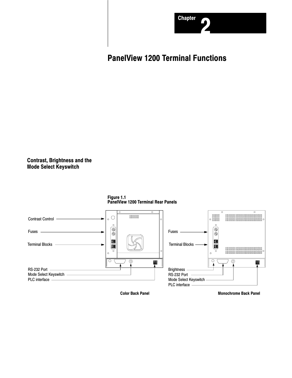 2 - panelview 1200 terminal functions, Contrast, brightness and the mode select keyswitch, Panelview 1200 terminal functions | Rockwell Automation 2711-KA1_KC1_TA1_TA4_TC1_TC4 PanelView Terminals for DOS/Windows User Manual | Page 30 / 103