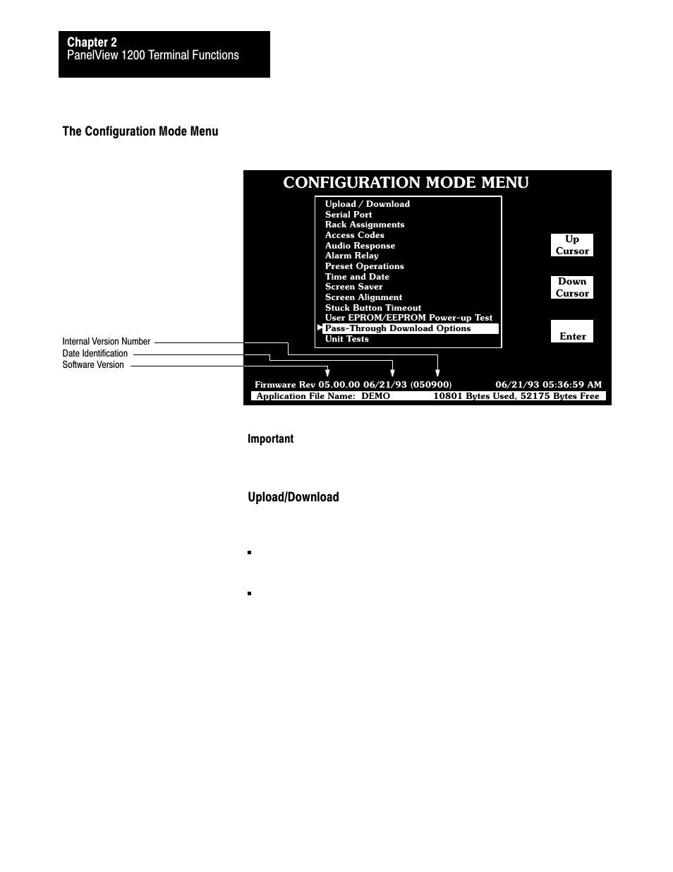 The configuration mode menu, Configuration mode menu, Upload/download | Rockwell Automation 2711-KA1_KC1_TA1_TA4_TC1_TC4 PanelView Terminals for DOS/Windows User Manual | Page 35 / 103