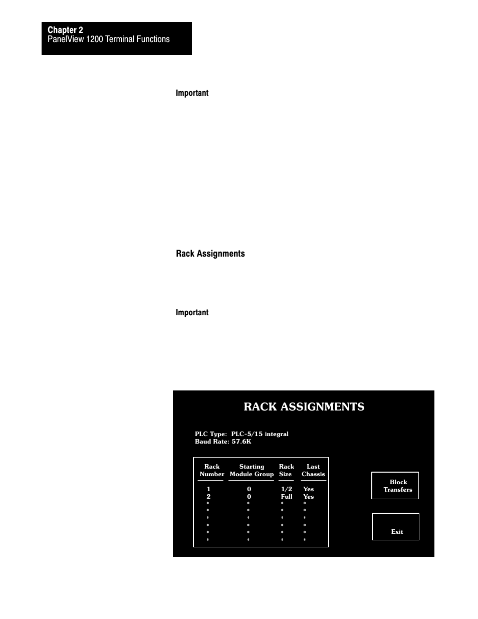 Rack assignments | Rockwell Automation 2711-KA1_KC1_TA1_TA4_TC1_TC4 PanelView Terminals for DOS/Windows User Manual | Page 37 / 103