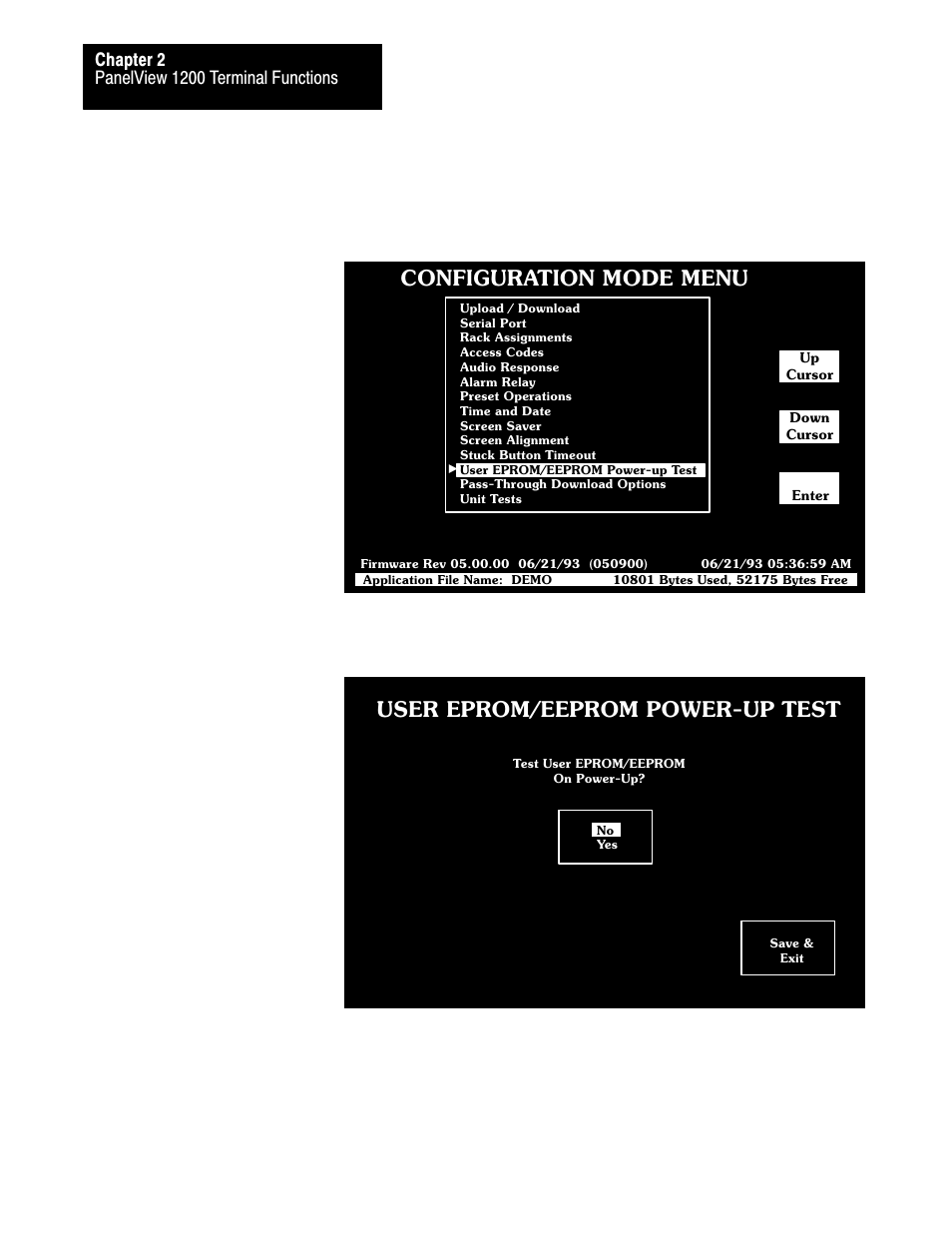 Configuration mode menu, User eprom/eeprom power-up test | Rockwell Automation 2711-KA1_KC1_TA1_TA4_TC1_TC4 PanelView Terminals for DOS/Windows User Manual | Page 45 / 103