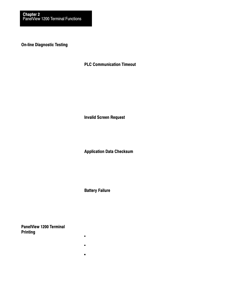 On-line diagnostic testing, Panelview 1200 terminal printing, 2ć24 | Rockwell Automation 2711-KA1_KC1_TA1_TA4_TC1_TC4 PanelView Terminals for DOS/Windows User Manual | Page 53 / 103