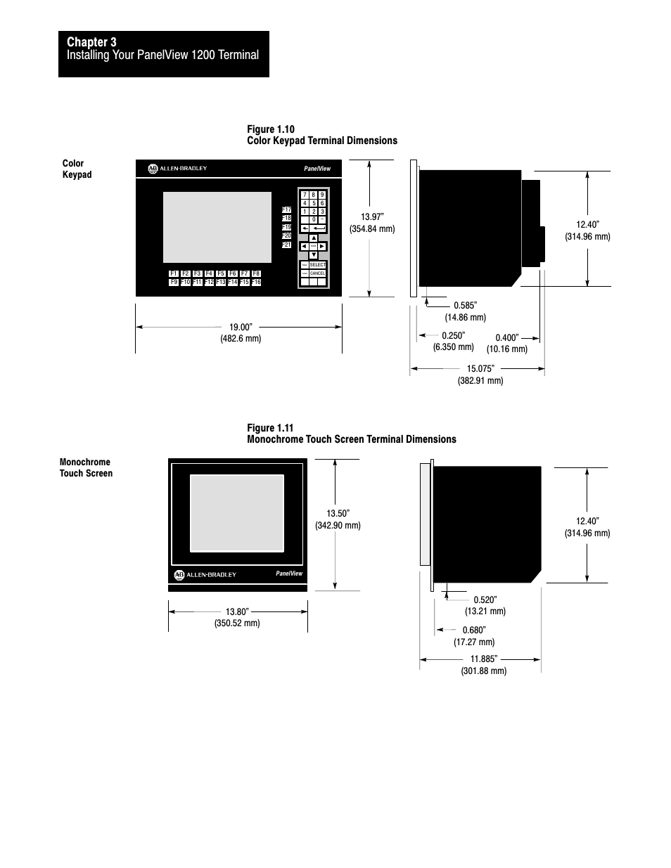 Figure 1.10 color keypad terminal dimensions | Rockwell Automation 2711-KA1_KC1_TA1_TA4_TC1_TC4 PanelView Terminals for DOS/Windows User Manual | Page 65 / 103