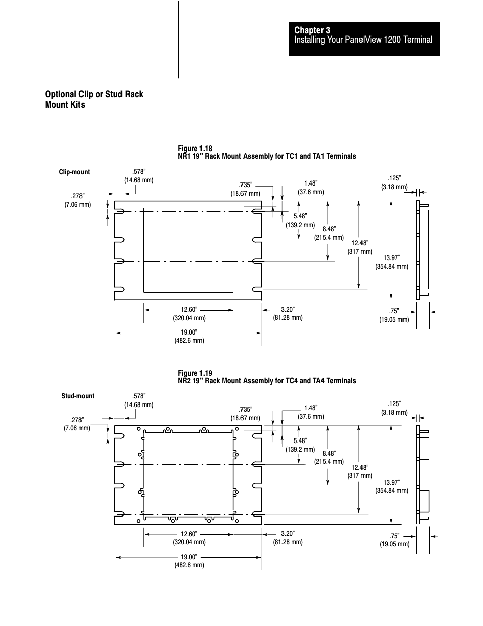 Optional clip or stud rack mount kits, 3ć15 | Rockwell Automation 2711-KA1_KC1_TA1_TA4_TC1_TC4 PanelView Terminals for DOS/Windows User Manual | Page 70 / 103