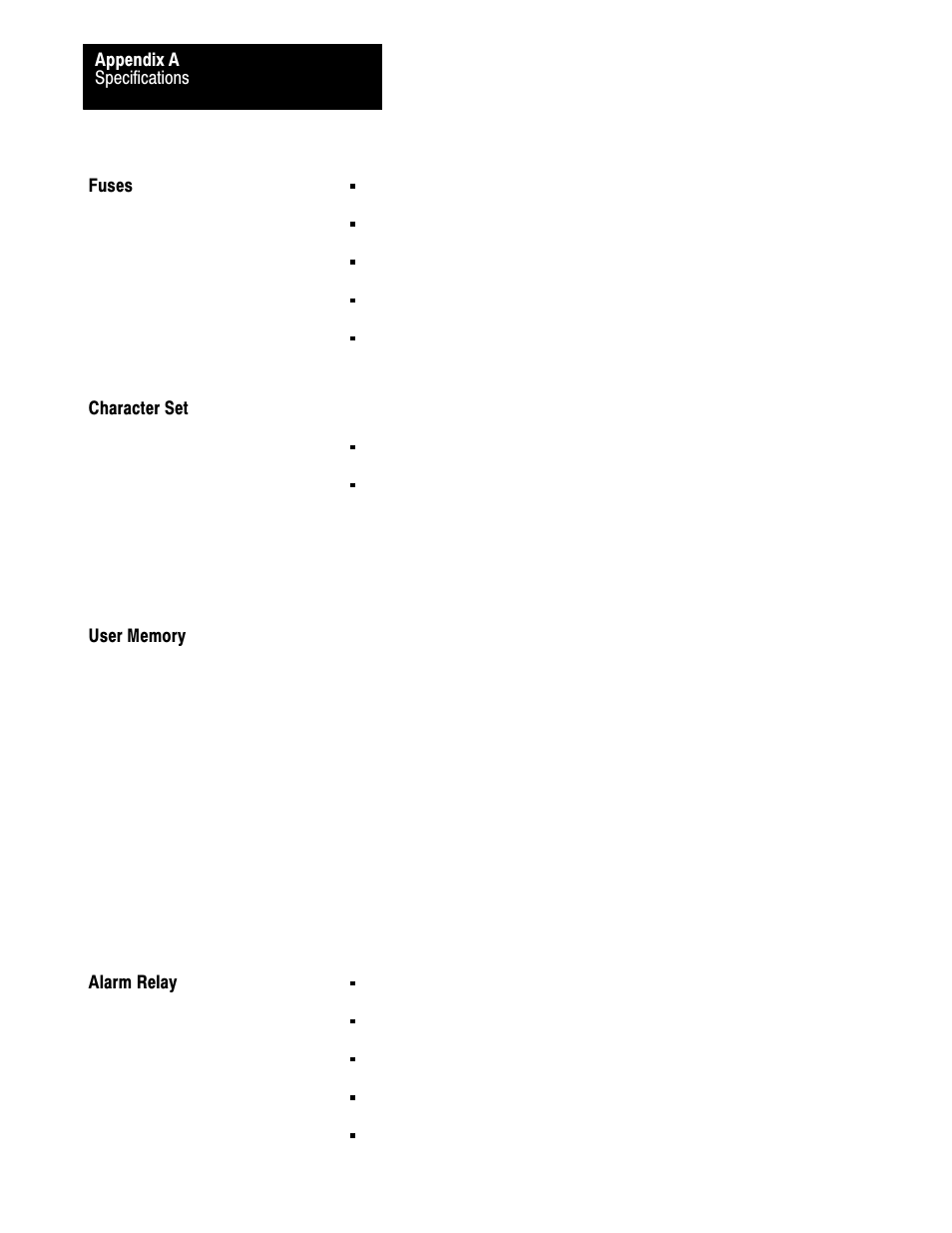 Fuses, Character set, User memory | Alarm relay | Rockwell Automation 2711-KA1_KC1_TA1_TA4_TC1_TC4 PanelView Terminals for DOS/Windows User Manual | Page 87 / 103