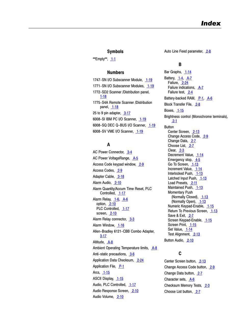 Index | Rockwell Automation 2711-KA1_KC1_TA1_TA4_TC1_TC4 PanelView Terminals for DOS/Windows User Manual | Page 98 / 103