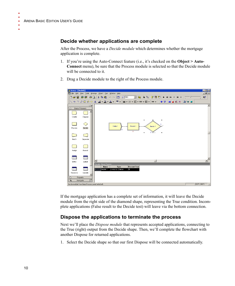 Decide whether applications are complete, Dispose the applications to terminate the process | Rockwell Automation Arena Basic Edition Users Guide User Manual | Page 16 / 90