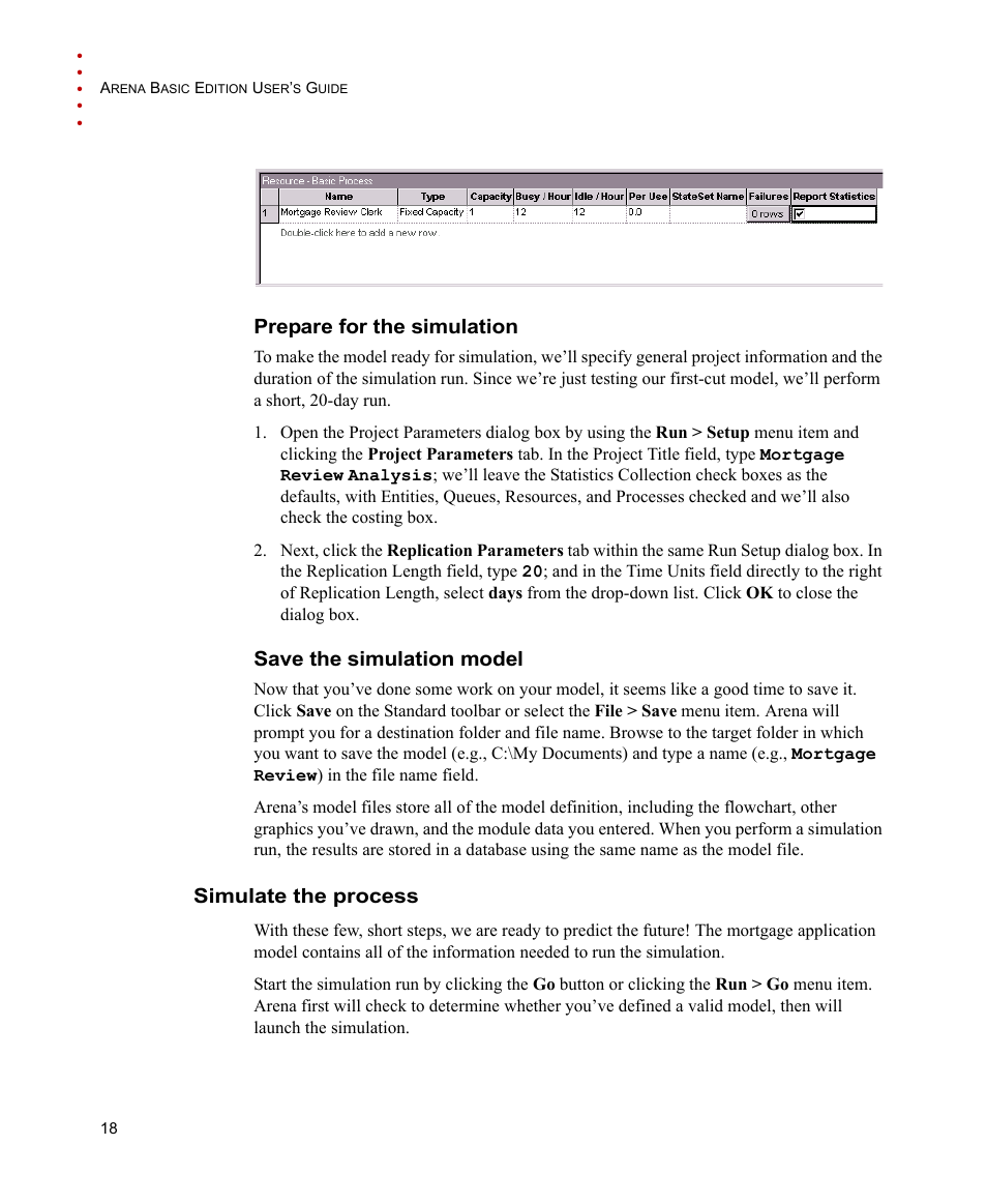 Prepare for the simulation, Save the simulation model, Simulate the process | Rockwell Automation Arena Basic Edition Users Guide User Manual | Page 24 / 90