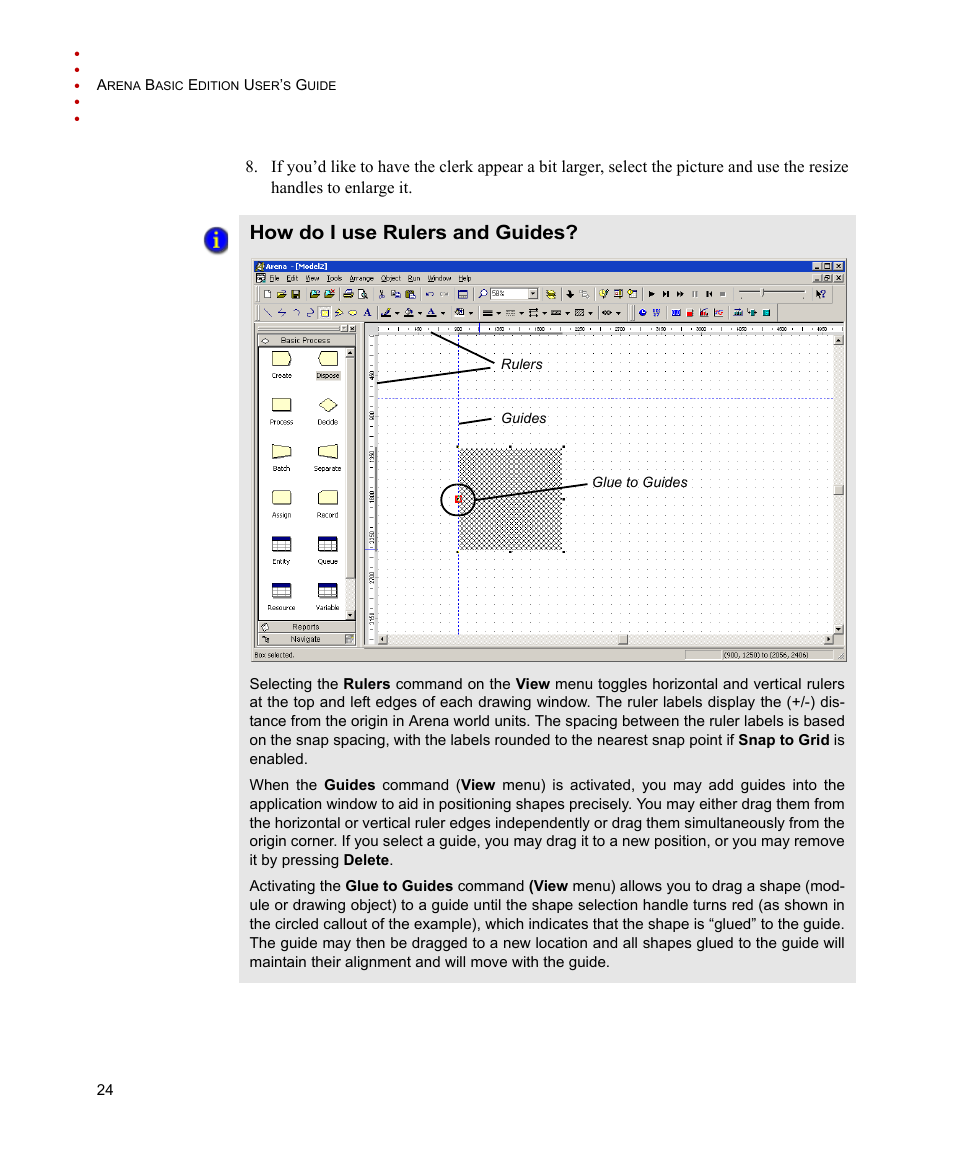 How do i use rulers and guides | Rockwell Automation Arena Basic Edition Users Guide User Manual | Page 30 / 90