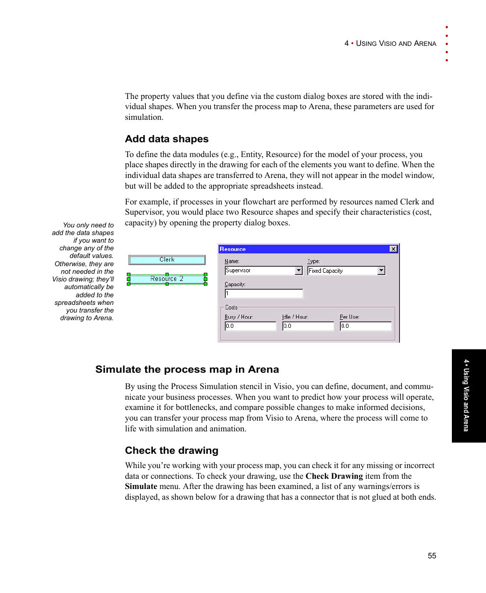 Add data shapes, Simulate the process map in arena, Check the drawing | Rockwell Automation Arena Basic Edition Users Guide User Manual | Page 61 / 90