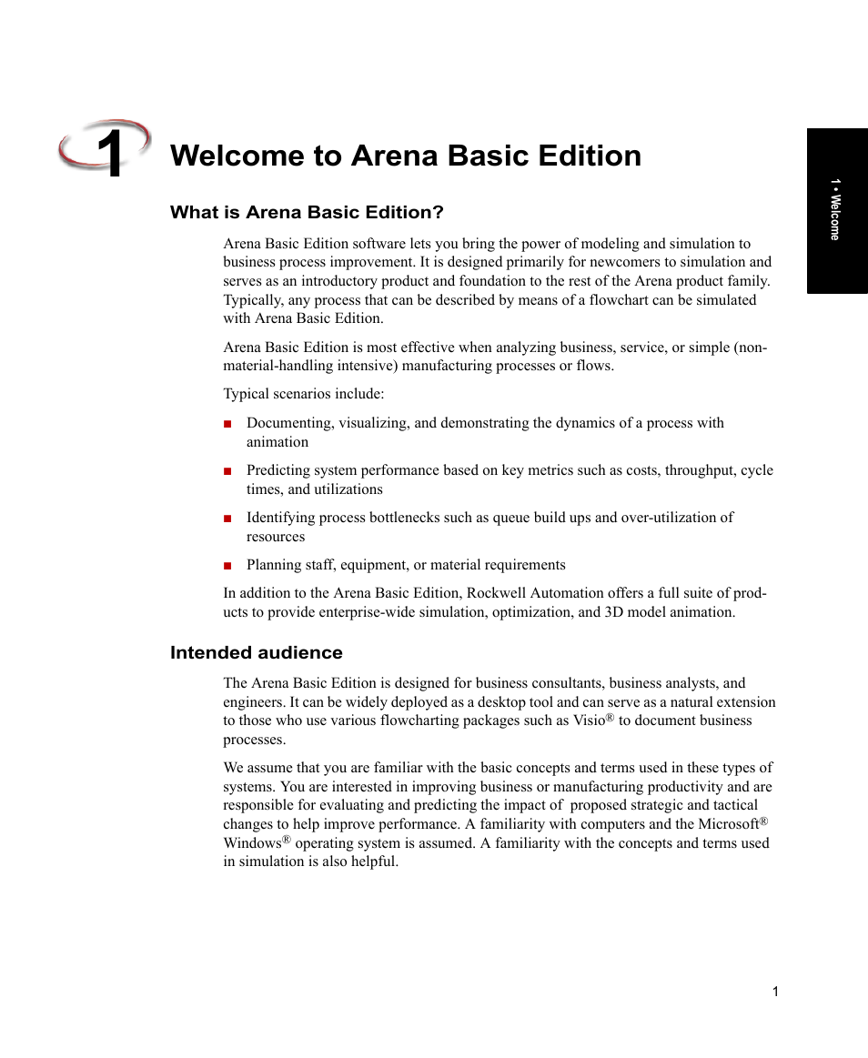 Welcome to arena basic edition, What is arena basic edition, Intended audience | What is arena basic edition? intended audience | Rockwell Automation Arena Basic Edition Users Guide User Manual | Page 7 / 90