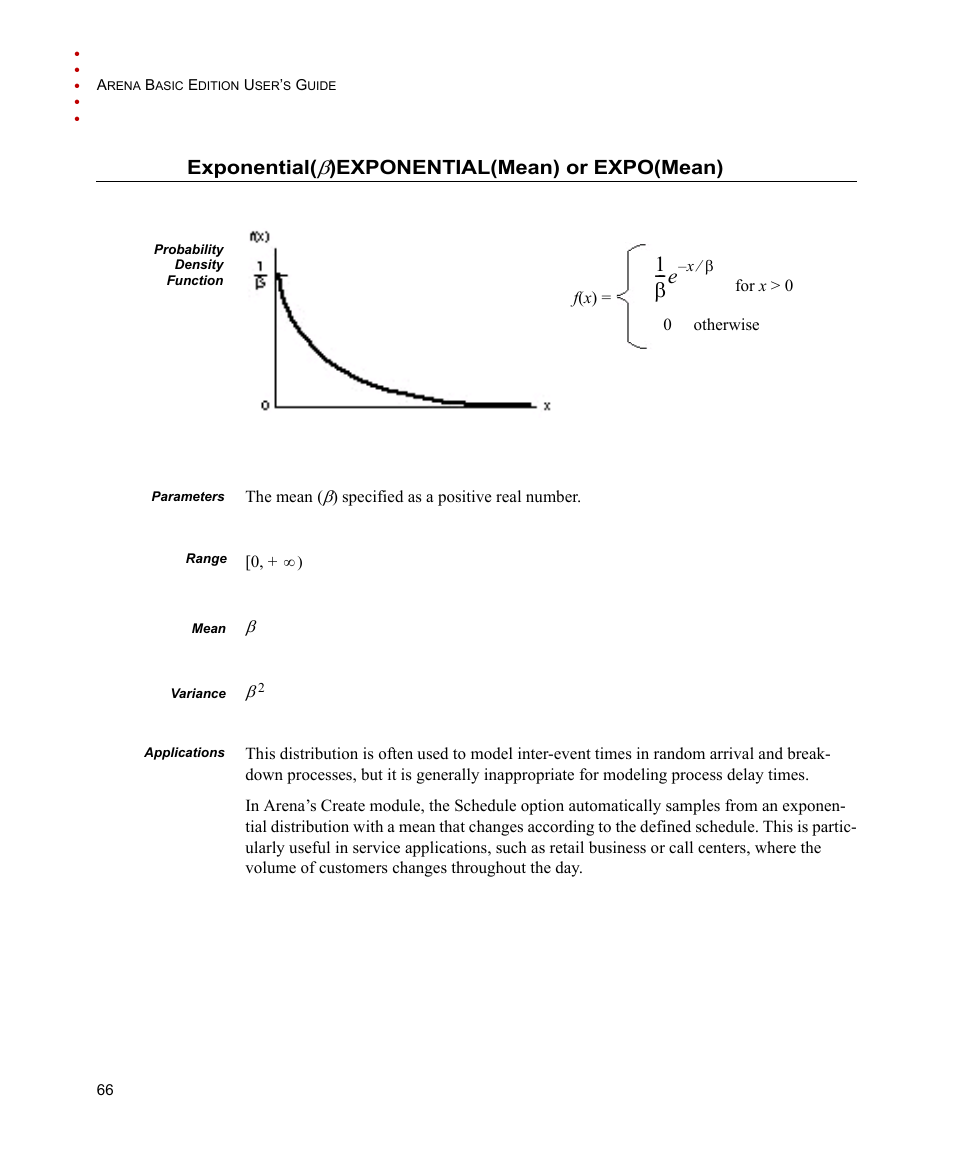 Exponential(b) exponential(mean) or expo(mean), Exponential(b), 1β --- e | Exponential, Exponential(mean) or expo(mean) | Rockwell Automation Arena Basic Edition Users Guide User Manual | Page 72 / 90