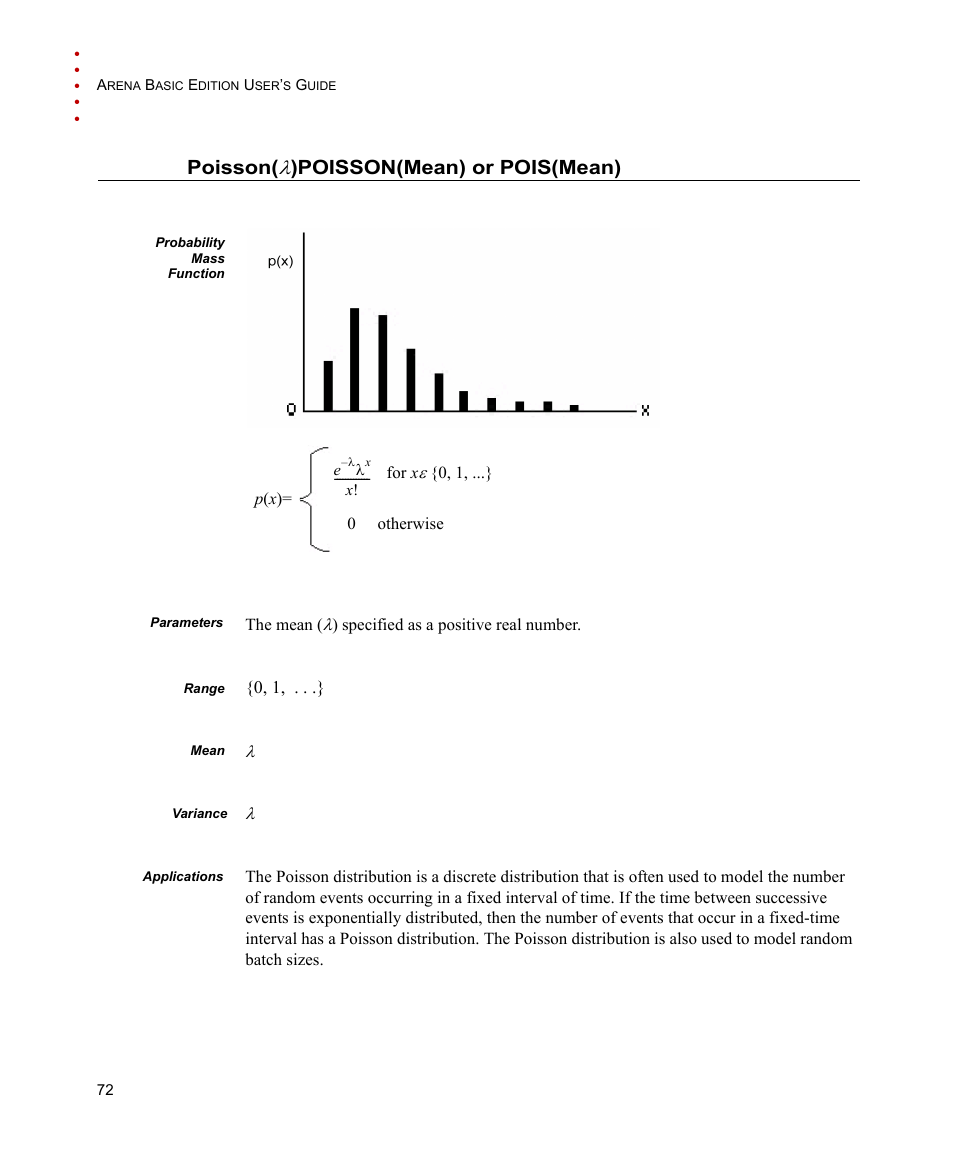 Poisson(l) poisson(mean) or pois(mean), Poisson(l), Poisson | Poisson(mean) or pois(mean) | Rockwell Automation Arena Basic Edition Users Guide User Manual | Page 78 / 90