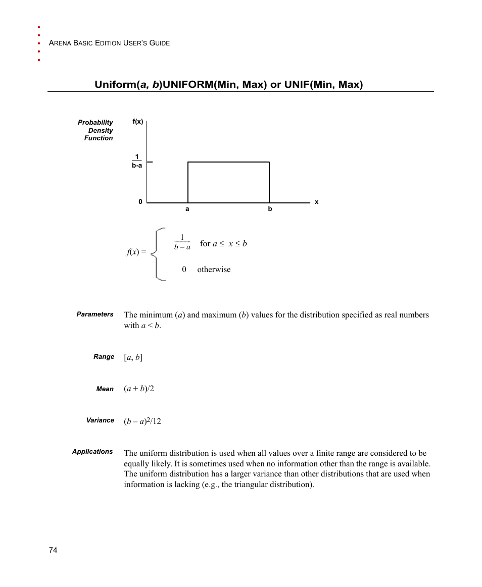 Uniform(a, b) uniform(min, max) or unif(min, max), Uniform(a, b), Uniform( a, b )uniform(min, max) or unif(min, max) | Rockwell Automation Arena Basic Edition Users Guide User Manual | Page 80 / 90
