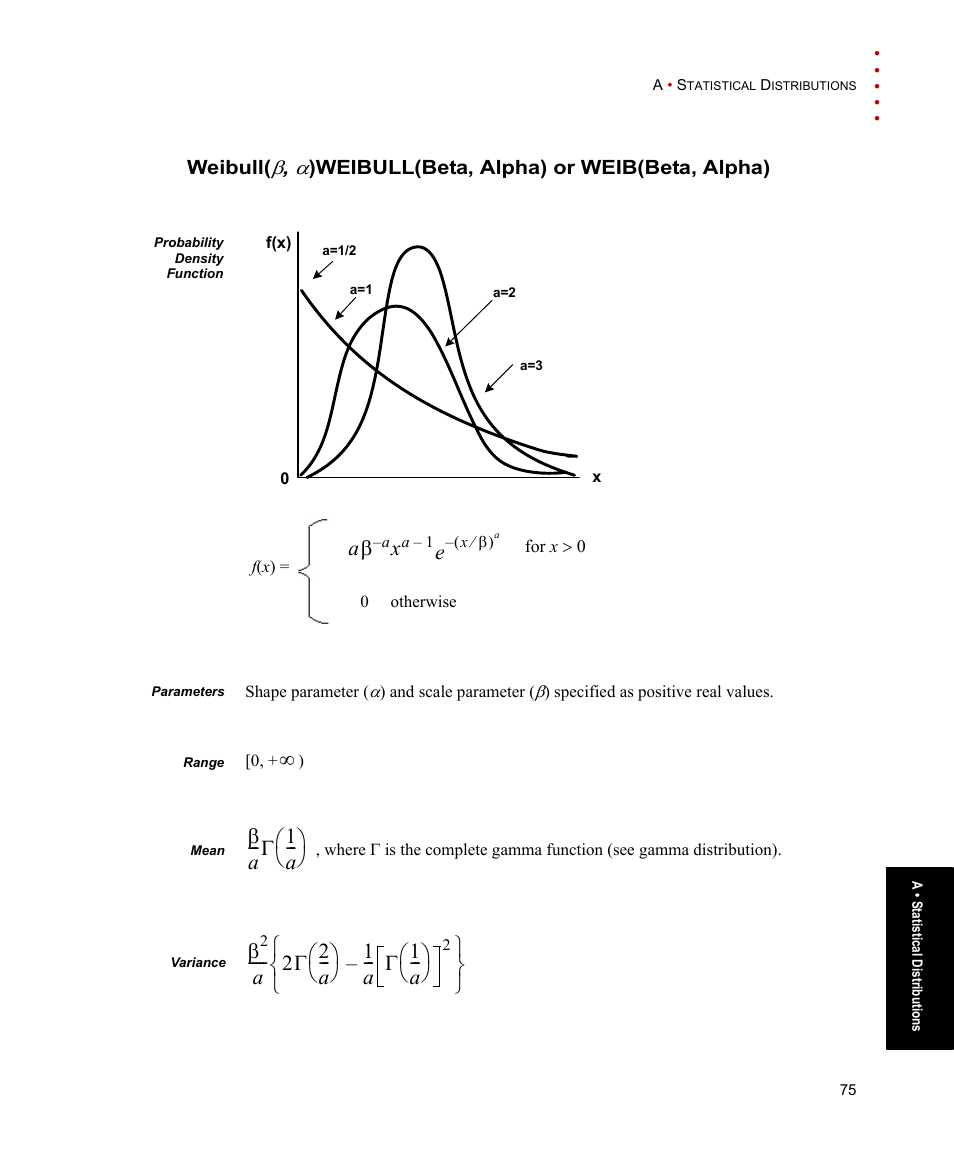 Weibull(b, a), Βa --- γ 1 a, A γ 2 a --- ⎝ ⎠ ⎛ ⎞ 1 a --- γ 1 a | Rockwell Automation Arena Basic Edition Users Guide User Manual | Page 81 / 90