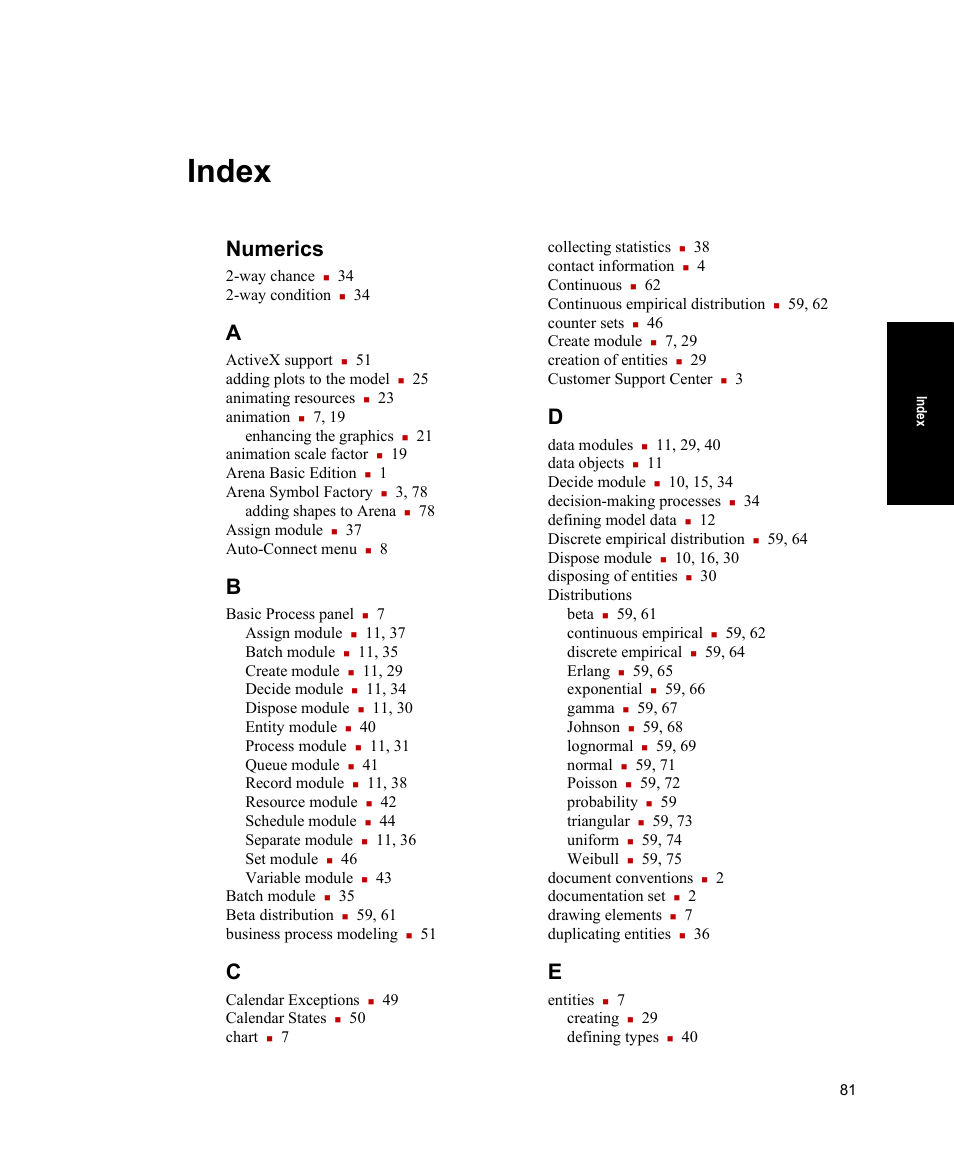 Index, Numerics | Rockwell Automation Arena Basic Edition Users Guide User Manual | Page 87 / 90