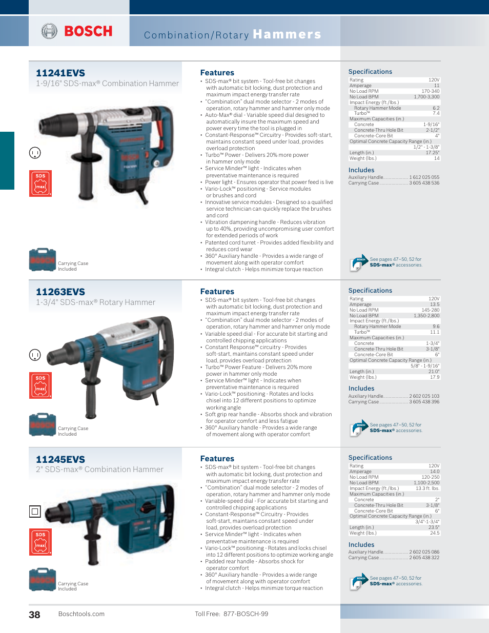 Hammers, Combination/rotar y, Features | 9/16" sds-max® combination hammer, 3/4" sds-max® rotary hammer, 2" sds-max® combination hammer | Bosch 11255VSR User Manual | Page 10 / 24