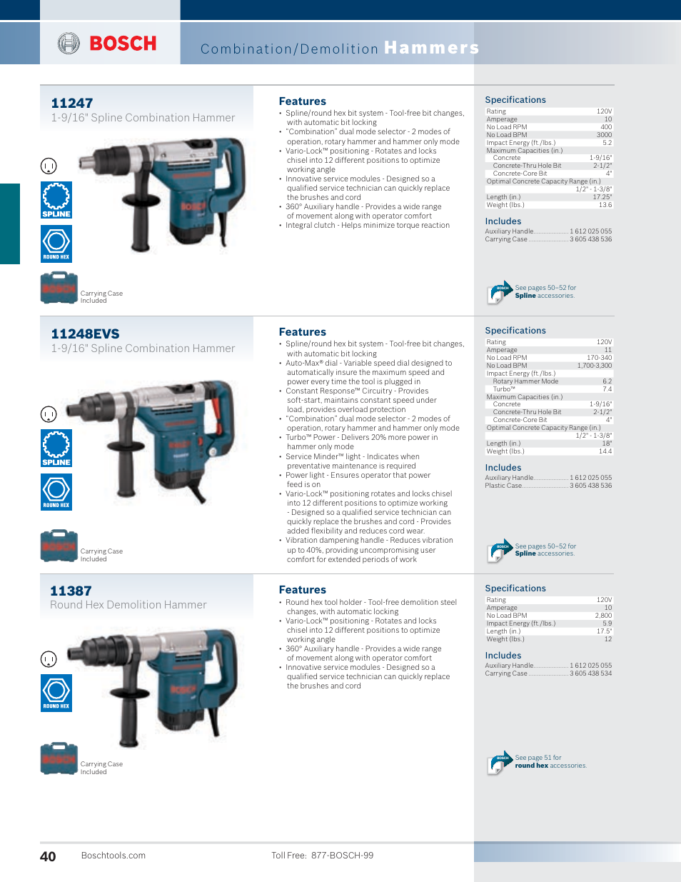 Hammers, Combination/demolition, Features | 9/16" spline combination hammer, Round hex demolition hammer | Bosch 11255VSR User Manual | Page 12 / 24