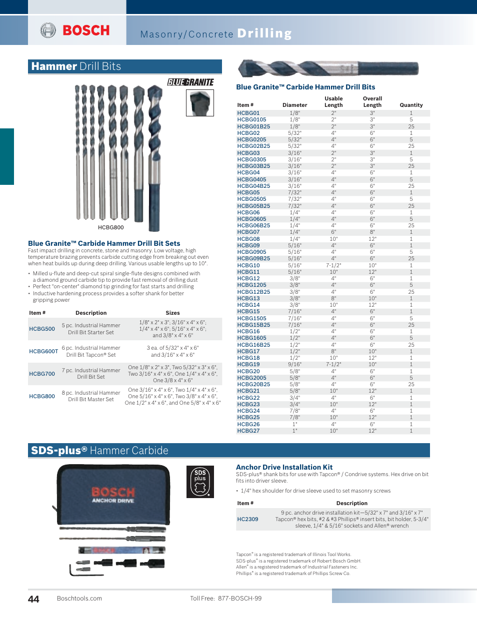 Drilling, Hammer drill bits sds-plus® hammer carbide, Masonr y/concrete | Blue granite™ carbide hammer drill bit sets | Bosch 11255VSR User Manual | Page 16 / 24
