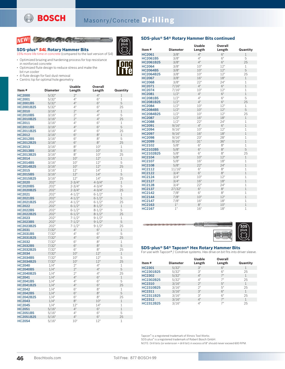 Long l i fe, Drilling, Masonr y/concrete | Sds-plus® s4® tapcon® hex rotary hammer bits, Sds-plus® s4® rotary hammer bits continued, Sds-plus® rotary hammer bits | Bosch 11255VSR User Manual | Page 18 / 24