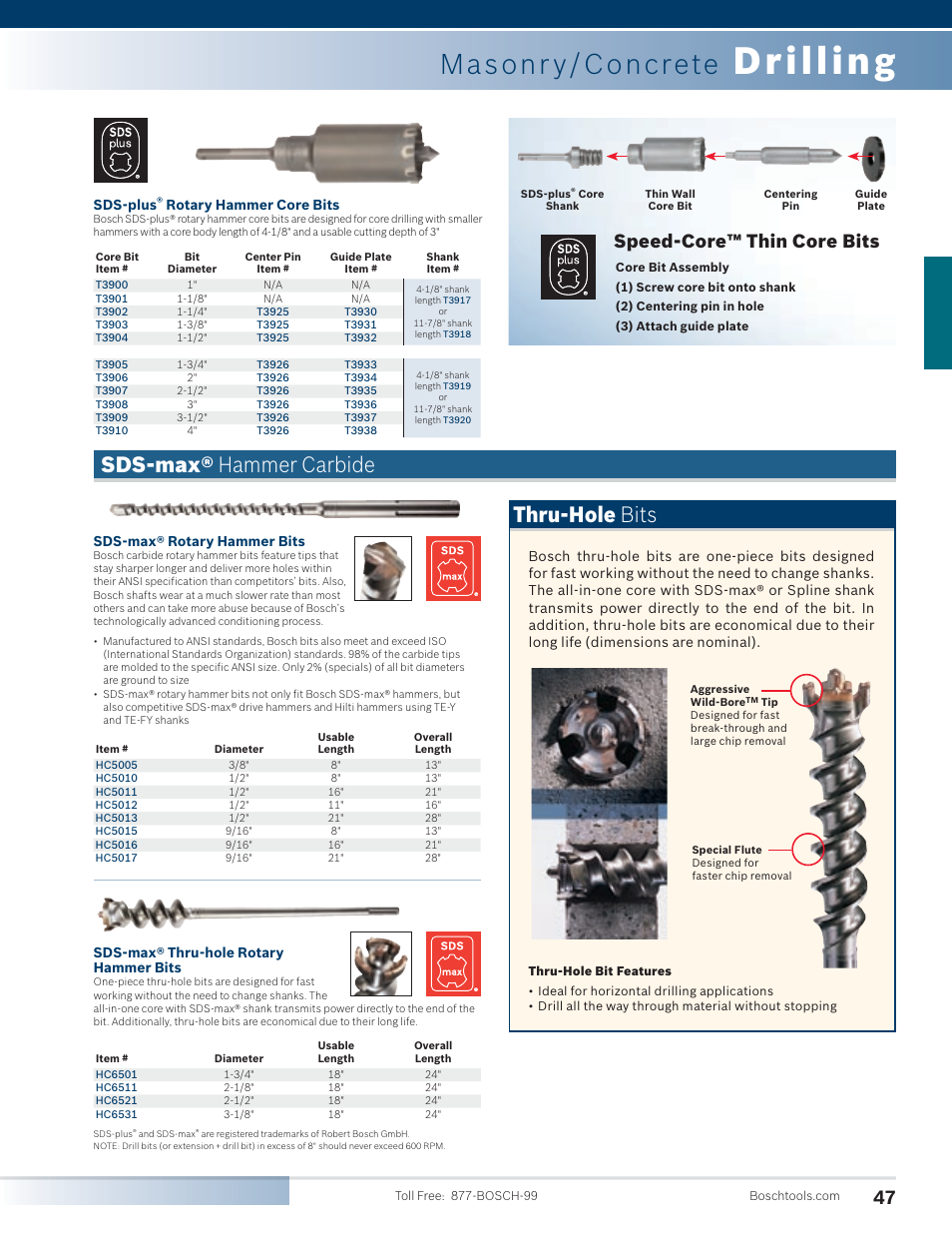 Drilling, Masonr y/concrete, Sds-max® hammer carbide | Thru-hole bits, Speed-core™ thin core bits | Bosch 11255VSR User Manual | Page 19 / 24