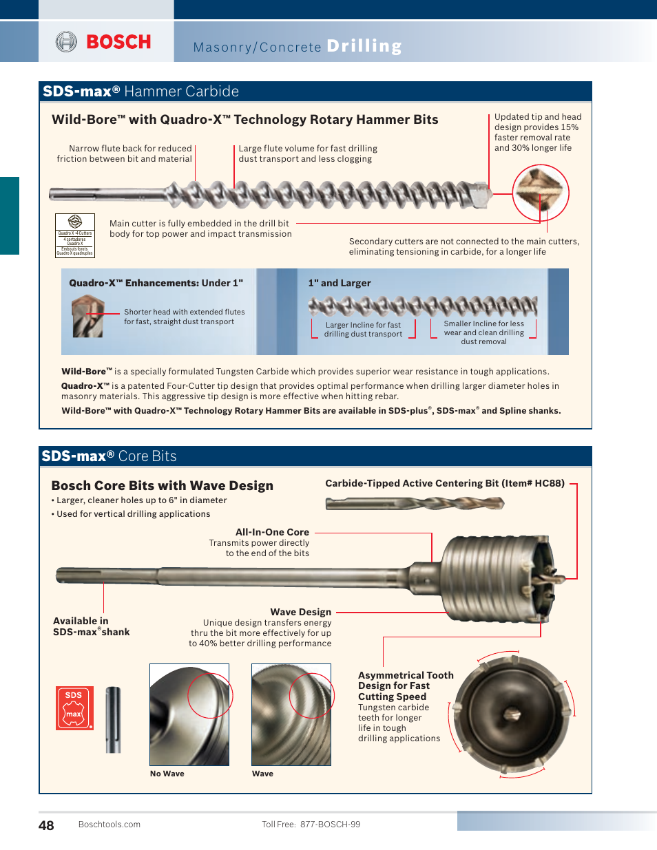 Drilling, Sds-max® hammer carbide sds-max® core bits, Wild-bore | With quadro-x, Technology rotary hammer bits, Bosch core bits with wave design, Masonr y/concrete | Bosch 11255VSR User Manual | Page 20 / 24