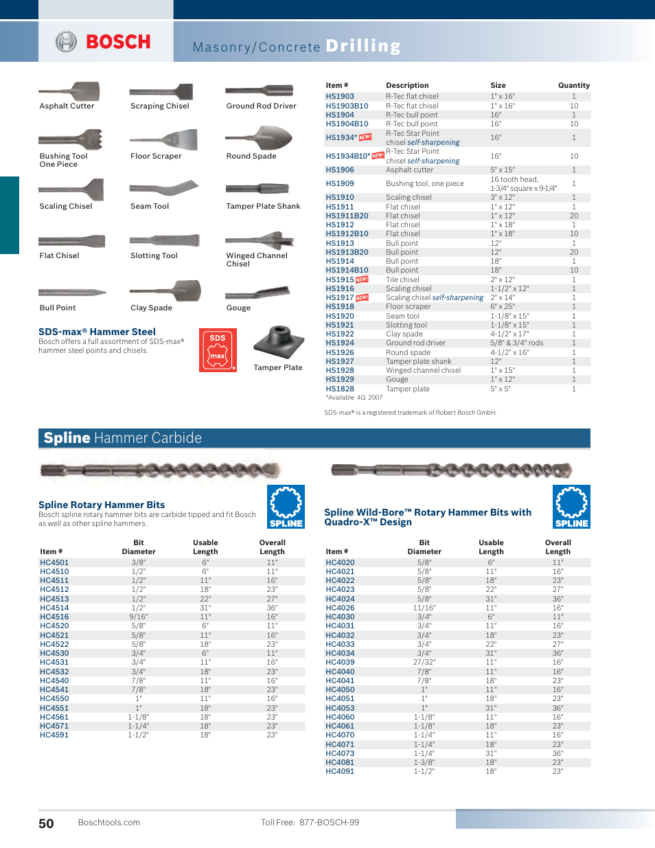 Drilling, Spline hammer carbide, Masonr y/concrete | Sds-max® hammer steel, Spline rotary hammer bits | Bosch 11255VSR User Manual | Page 22 / 24