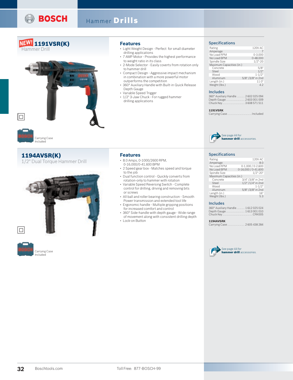 Drills, 1194avsr(k), 1191vsr(k) | Hammer, Features, 1/2" dual torque hammer drill, Hammer drill | Bosch 11255VSR User Manual | Page 4 / 24