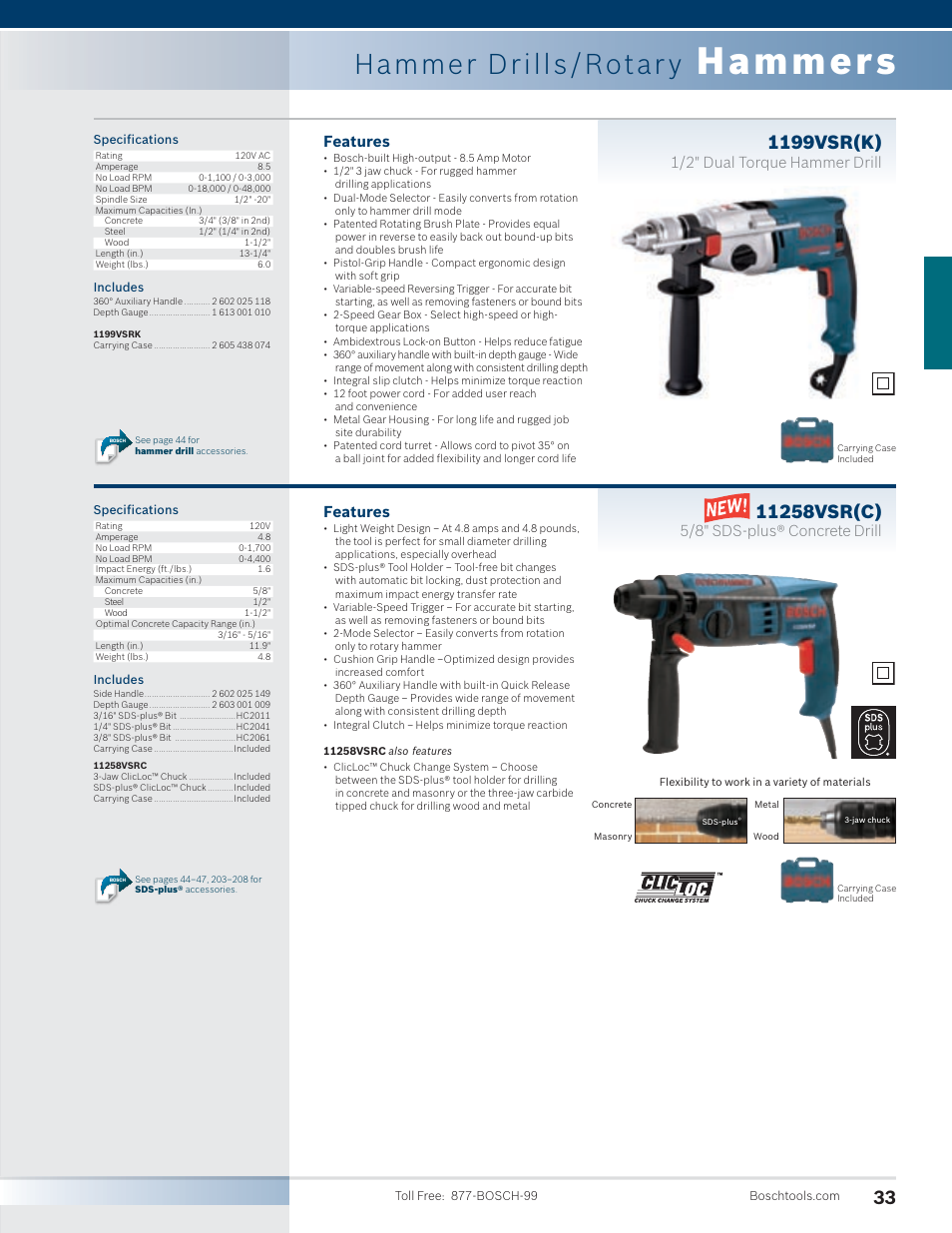 Hammers, Hammer drills/rotar y, 1199vsr(k) | Features, 1/2" dual torque hammer drill, 5/8" sds-plus® concrete drill | Bosch 11255VSR User Manual | Page 5 / 24