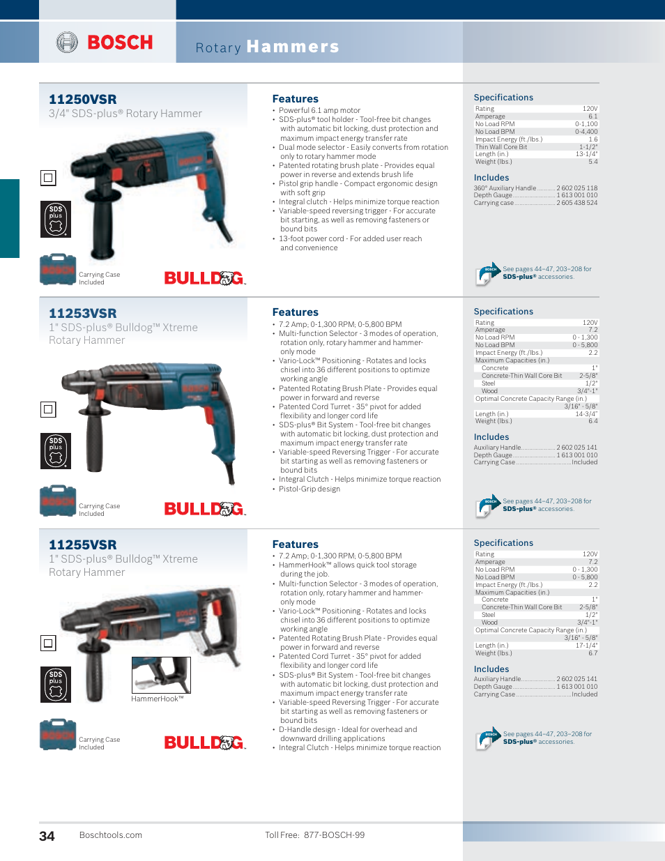 Hammers, Rotar y, Features | 3/4" sds-plus® rotary hammer, 1" sds-plus® bulldog™ xtreme rotary hammer | Bosch 11255VSR User Manual | Page 6 / 24