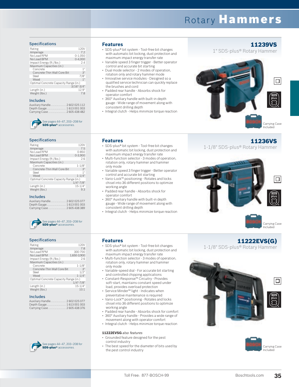 Hammers, Rotar y, Features | 1/8" sds-plus® rotary hammer, 1" sds-plus® rotary hammer | Bosch 11255VSR User Manual | Page 7 / 24