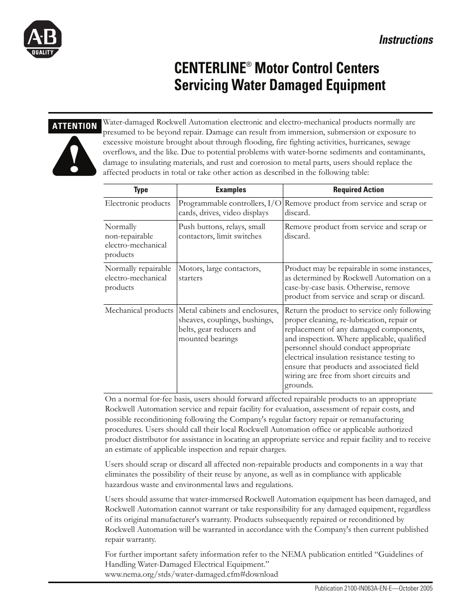 Rockwell Automation CENTERLINE Motor Control Center Servicing Flooded Equipment User Manual | 4 pages