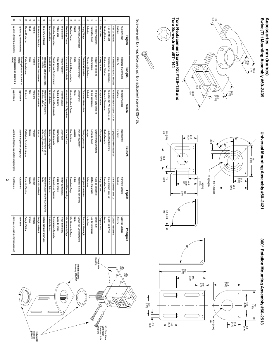 Acc ess or ie s—mm (inches ), Un iver sal mou n tin g a ssem bl y #60 1 | Rockwell Automation 9000 Series 9000 Intrinsically Safe Photoelectric Sensors User Manual | Page 3 / 4