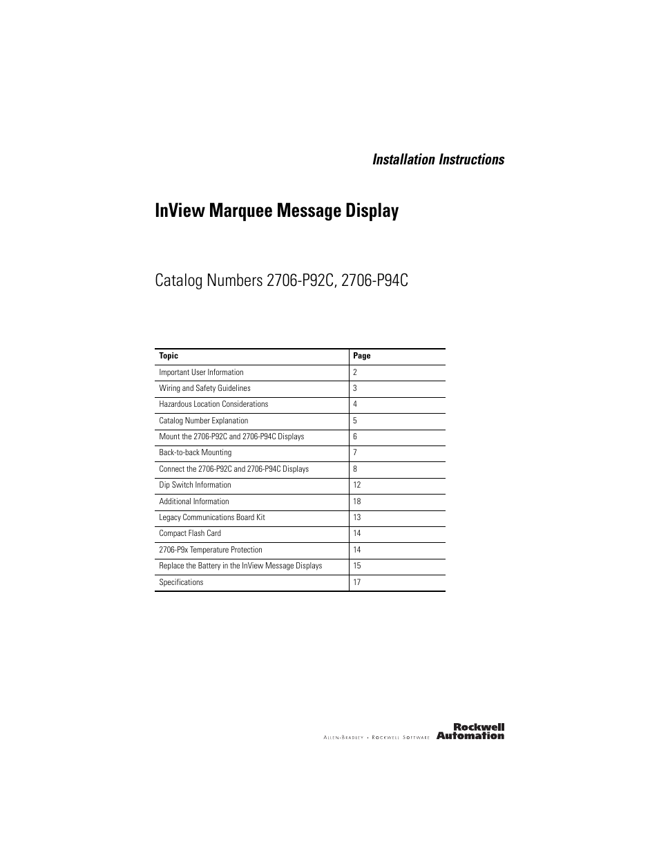 Rockwell Automation 2706-P92C_P94C InView Message Display User Manual | 20 pages